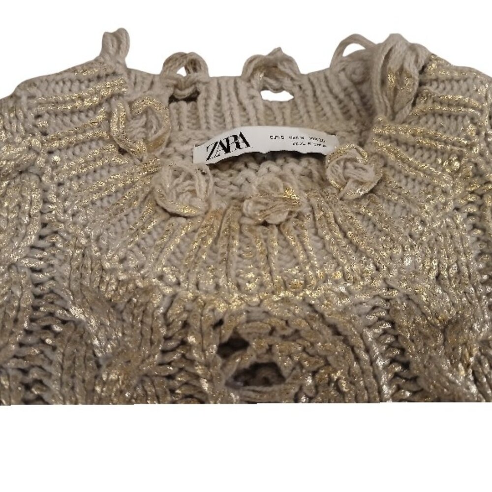 ZARA Cream with Metallic Gold Shimmer Wool Blend Crop Crew Cable Knit Sweater - Picture 4 of 12